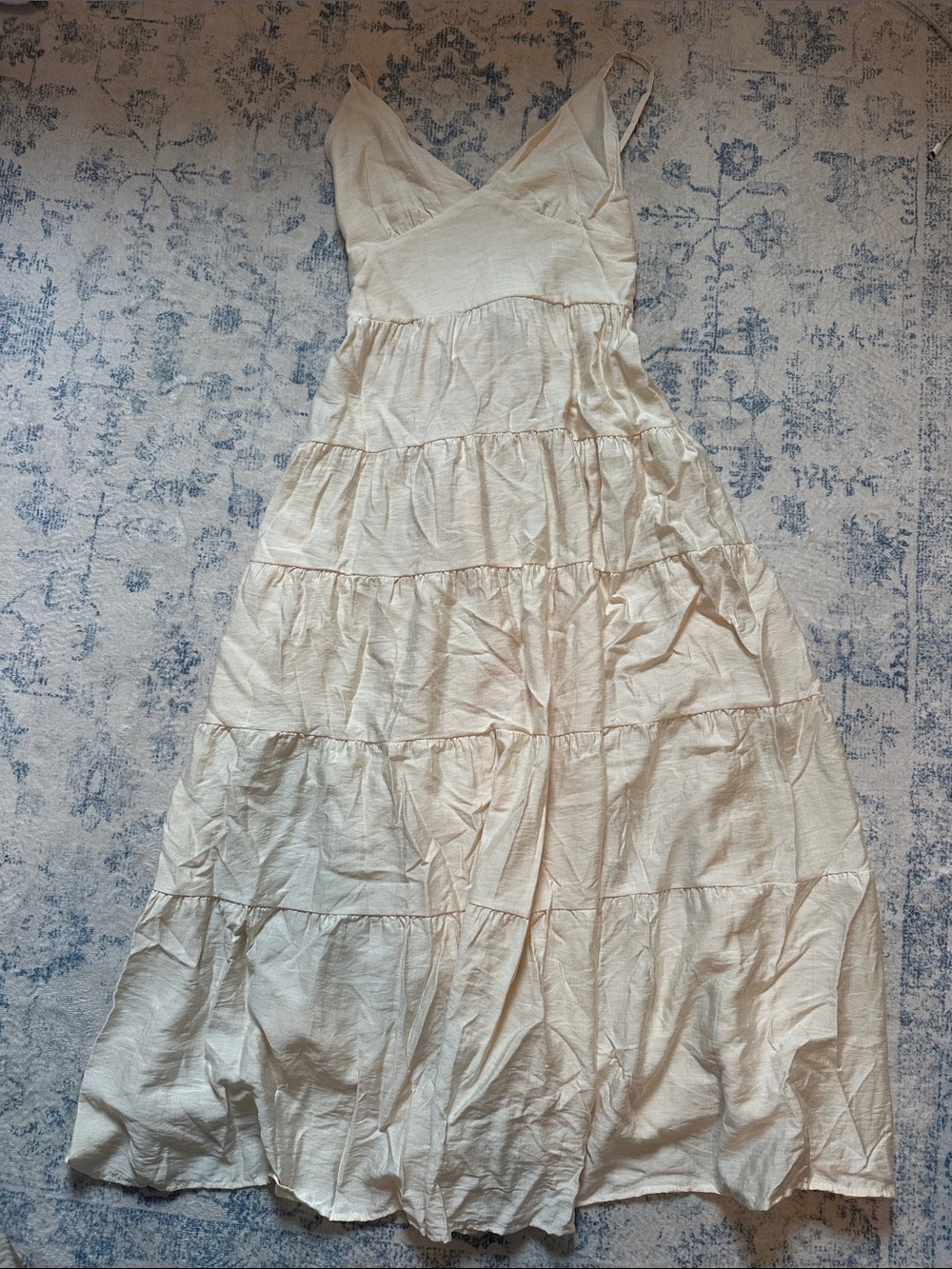 Women's Cream Tiered Maxi Dress - Sleeveless V-Neck Linen Blend